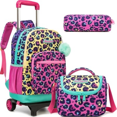Conjunto de mochilas e estojo escolares coloridos com padrão animal print multicolorido