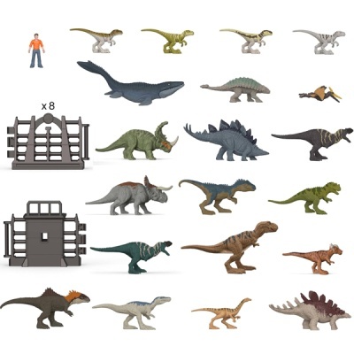 Figuras de dinossauros coloridos com estruturas de cerca e figura humana