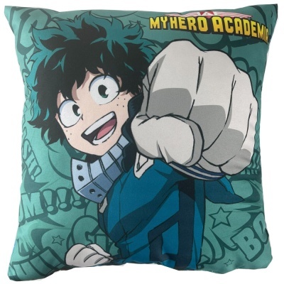 Almofada verde com personagem Izuku Midoriya e texto My Hero Academia