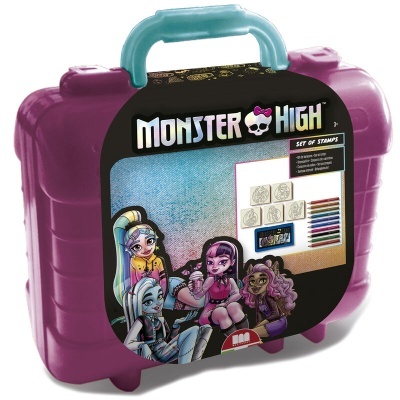 Mala plástica roxa Monster High com personagens e texto