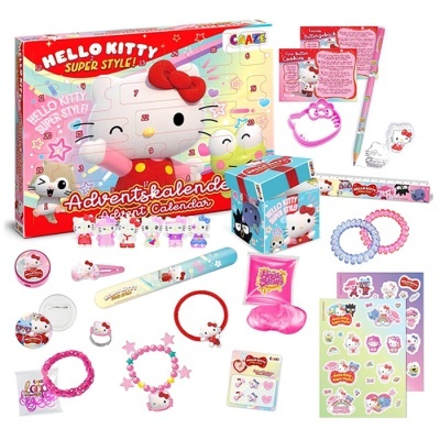 Conjunto de calendário do advento Hello Kitty com diversos acessórios coloridos e decorados da personagem.