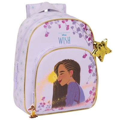 Mochila infantil rosa Disney WISH com pendente estrela dourada e chaveiro personagem