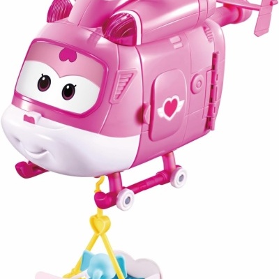 Brinquedo de helicóptero rosa com detalhes em branco e compartimento com elefante azul