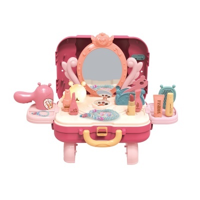 Conjunto de brinquedo penteadeira rosa com espelho e acessórios de maquilhagem