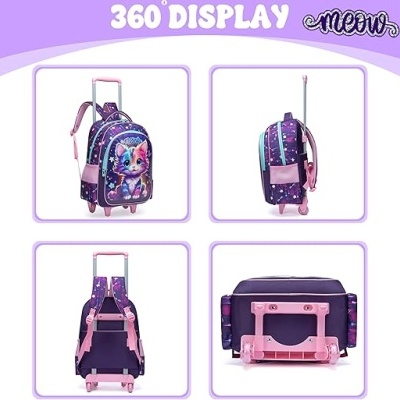 Mochila com rodas roxa e rosa com estampa de gato colorido mostrada em quatro ângulos