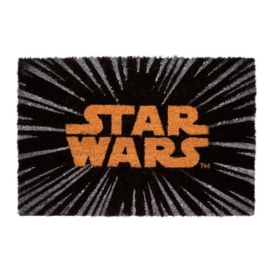 Tapete rectangular preto com texto Star Wars laranja e padrão de raios cinzentos
