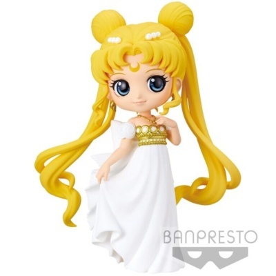 Figura colecionável feminina com vestido branco e cabelo amarelo longo.
