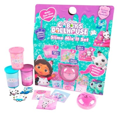 Conjunto Gabby's Dollhouse Slime Mix It Set com quatro potes coloridos de slime e acessórios em embalagem colorida