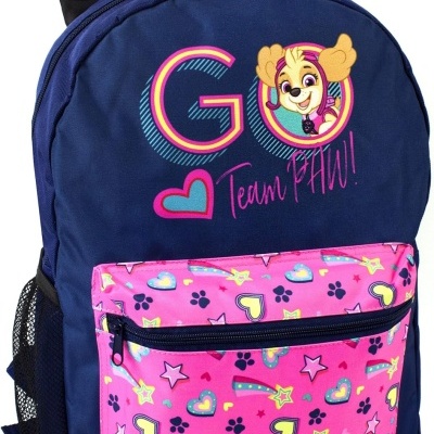 Mochila azul e rosa com personagem canino e texto 'GO Team PAW!'