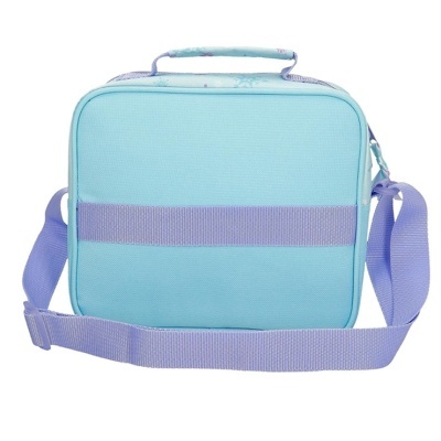 Mala térmica azul claro com alça lilás e pega com padrão floral