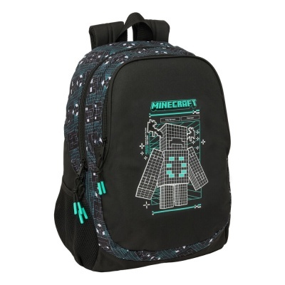 Mochila preta com padrão pixelado e estampa Minecraft turquesa