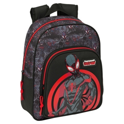 Mochila infantil preta com padrão Homem-Aranha e teias vermelhas e cinza