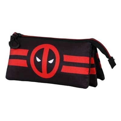 Estojo escolar preto com logótipo Deadpool vermelho e branco e riscas vermelhas