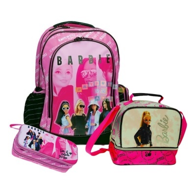 Conjunto escolar Barbie com mochila, estojo e saco térmico rosa com imagens das personagens