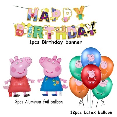 Conjunto de decoração de aniversário com faixa 'HAPPY BIRTHDAY', balões de alumínio e látex com personagens de desenho animado.