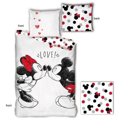 Roupa de cama infantil com personagemes Mickey e Minnie, padrão de bolinhas nas costas da capa e almofada
