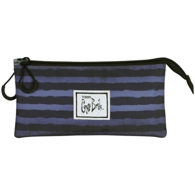 Estojo escolar listrado preto e azul com etiqueta branca e fecho de correr preto