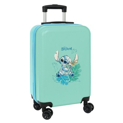 Mala de viagem azul clara com estampado do personagem Stitch e rodas giratórias pretas.