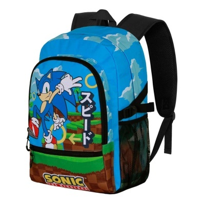 Mochila azul com estampa do Sonic e texto em japonês