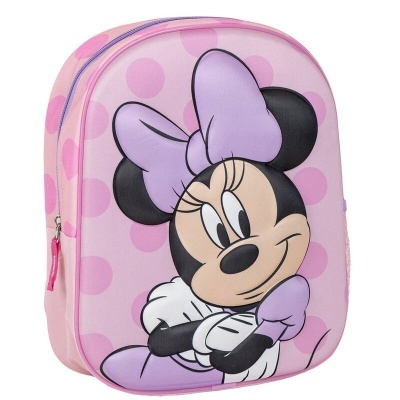 Mochila infantil rosa com estampa da Minnie e bolinhas lilás