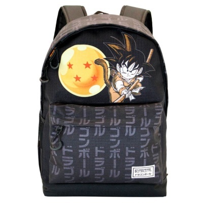 Mochila preta com estampa de personagem de desenho animado e padrão com caracteres japoneses