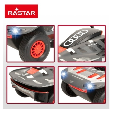 Carro de controle remoto Audi da marca RASTAR, preto e cinza com detalhes em vermelho e logotipos visíveis