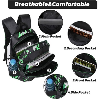 Mochila preta com padrão verde e branco e vários bolsos numerados