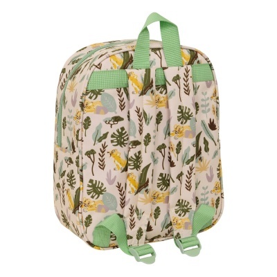 Mochila infantil estampada com folhas e leões, alças verdes.