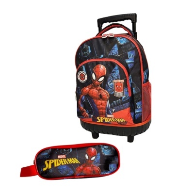 Mochila escolar com carrinho e estojo Spider-Man em azul, vermelho e preto
