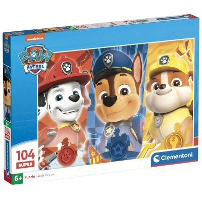 Embalagem de puzzle PAW PATROL com três personagens em uniformes coloridos