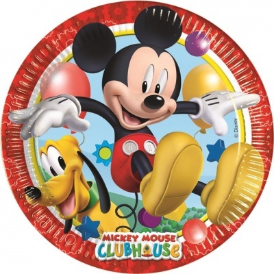 Prato redondo de papel do Mickey Mouse colorido com personagem Pluto e texto MICKEY MOUSE CLUBHOUSE