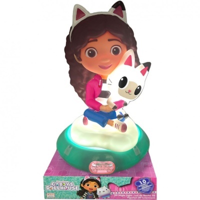 Luminária 3D menina com gato branco e base verde em embalagem