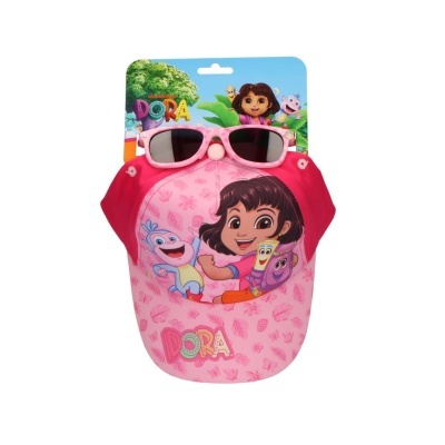 Chapéu rosa com personagens Dora e óculos de sol rosa numa embalagem com fundo azul