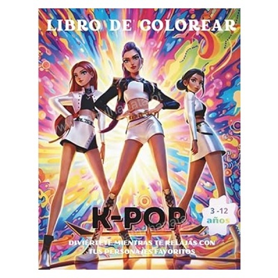 Capa de livro de colorir K-POP com três personagens femininas em fundo colorido