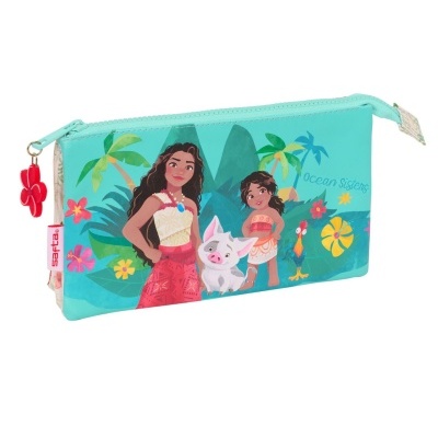 Estojo azul claro com personagens animados e flores tropicais, texto Ocean Sisters