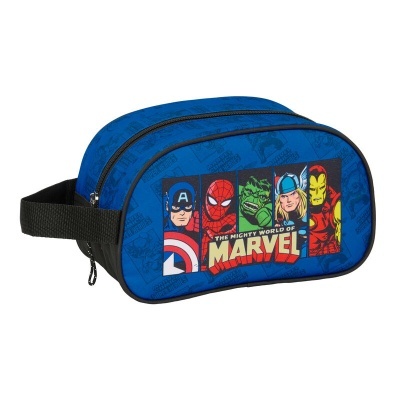 Necessaire azul com imagens dos super-heróis Marvel e texto THE MIGHTY WORLD OF MARVEL