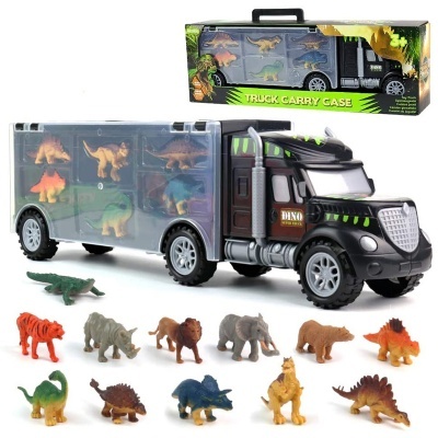 Carrinha de brinquedo preta e verde com dinossauros em compartimentos transparentes e caixa