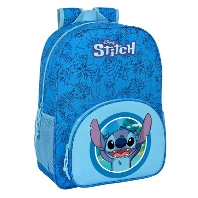 Mochila azul com personagem Stitch e padrão floral