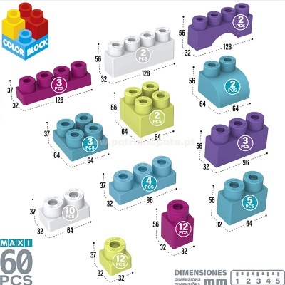 Blocos de construção coloridos de plástico com dimensões e quantidade, texto COLOR BLOCK e MAXI 60 PCS