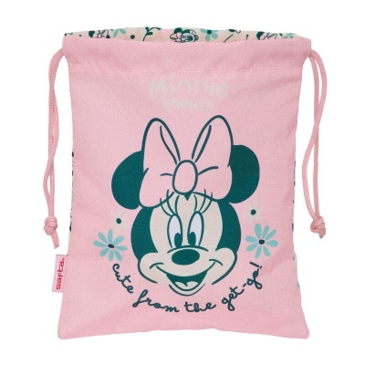 Saco rosa com ilustração da Minnie Mouse e cordão de fecho