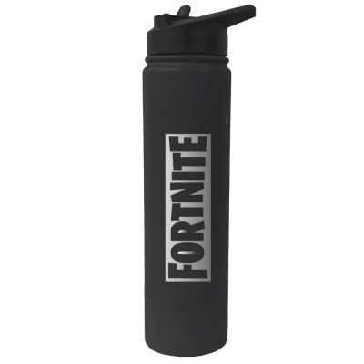 Garrafa de água preta com texto FORTNITE branco
