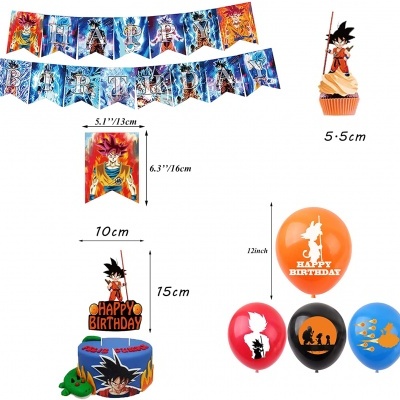 Conjunto de decoração de festa Dragon Ball com bandeirolas, toppers para bolo e balões coloridos.