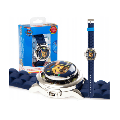 Relógio infantil azul com imagem do personagem da Patrulha Pata no mostrador e embalagem azul.