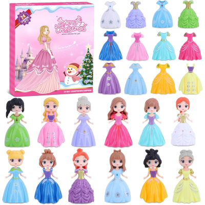 Conjunto de 20 figuras de princesas com vestidos coloridos em caixa rosa