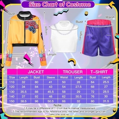 Gráfico de tamanhos de fato com casaco amarelo, t-shirt branca sem mangas e calções azuis com cós vermelho