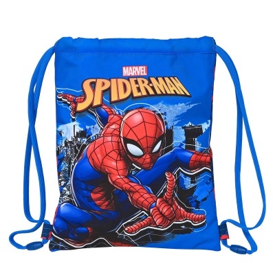 Mochila saco azul com imagem do Spider-Man e texto MARVEL SPIDER-MAN.