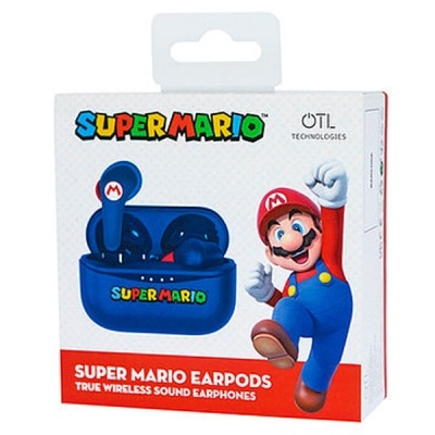 Caixa de auscultadores azul Super Mario com personagem Super Mario na embalagem