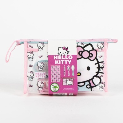 Estojo Hello Kitty transparente com bordas rosa e cartão colorido