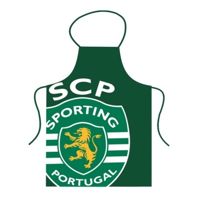 Avental verde com logotipo do Sporting Portugal e leão amarelo