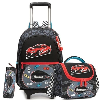 Mochila, estojo e lancheira infantis com padrão de carros e texto Munesse